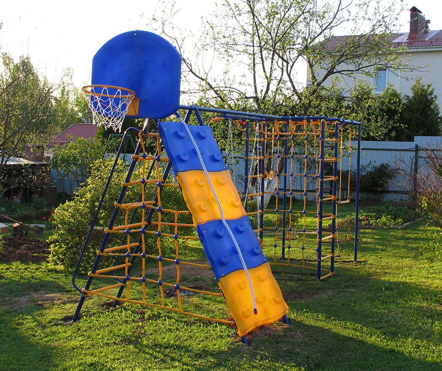 Уличный детский спортивный комплекс Модель № 9 со скалодромом с Дополнительным модулем "Паутина" и Баскетбольное кольцо
